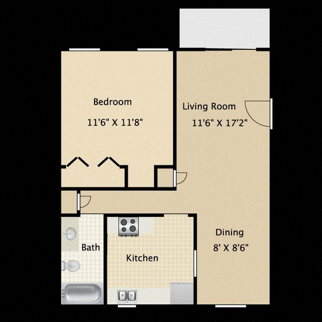 Floor plan for 1 bed, 1 bath, 624 sqft